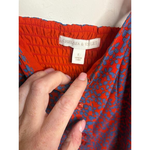 Chelsea & Violet Orange/Blue Polka Dot Blouse Button Down Ruffled Tank Top Sz LG - Picture 3 of 4